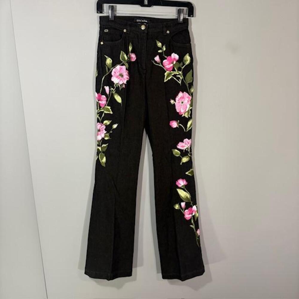Escada Jeans Womens 34 Black Wash Straight Floral Embroidered Stretch Denim